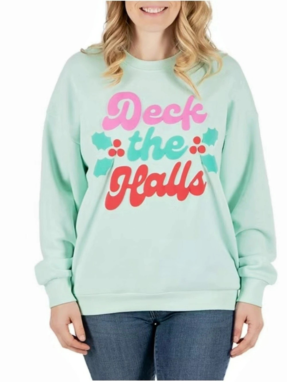 State of Mine New Deck the Halls Holiday Graphic Sweatshirt Green & Pink